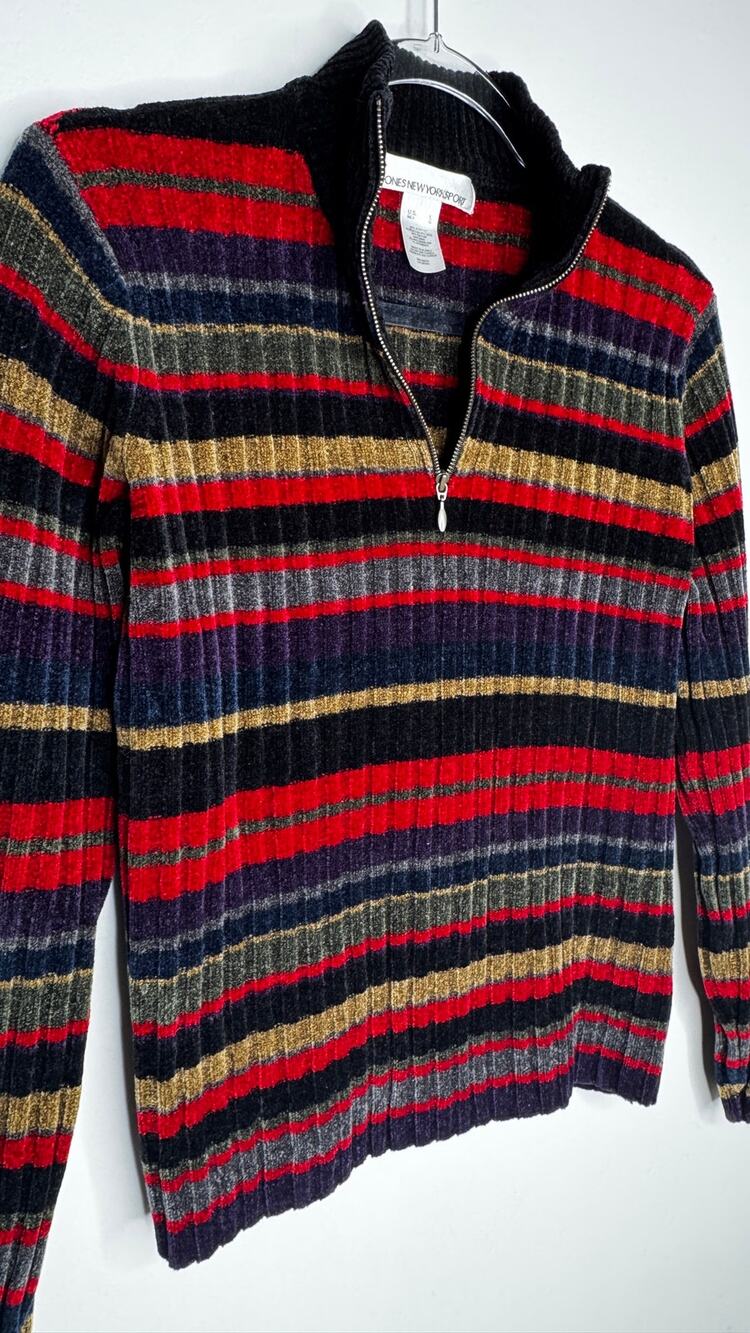 Vintage 90s Chenille Style Striped Mock Neck Sweater S/M Soft Knit